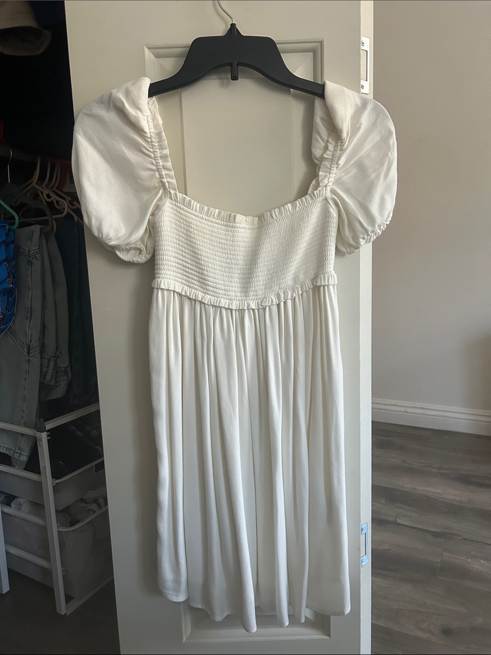 Aritzia Sundeh White Puff Sleeve Smocked Bodice Dress